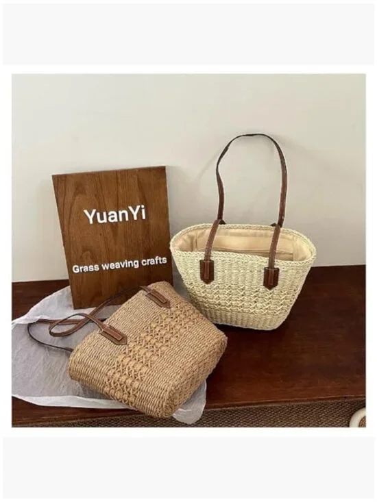 Large Straw Shoulder Bag Woven Tote Travel Handbag Purse - Picture 3 of 7